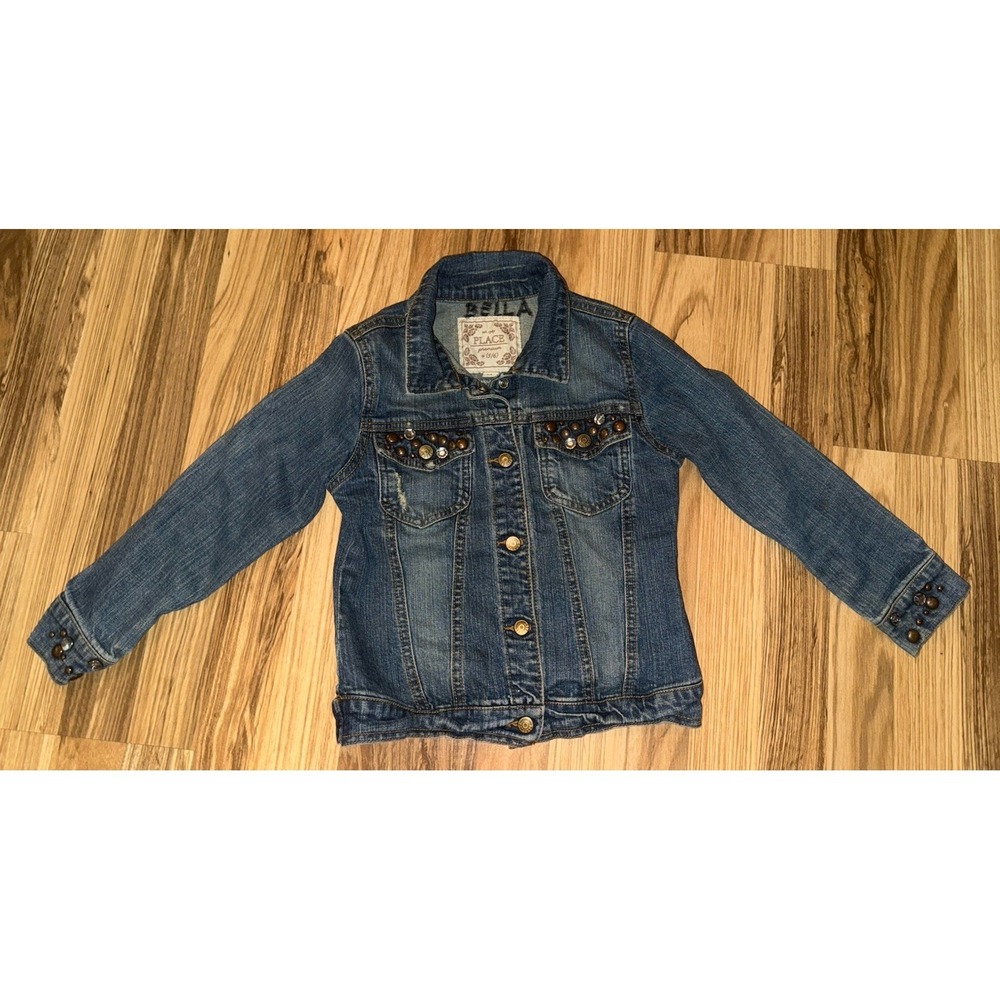 VTG The Children's Place TCP  Denim Jeweled Girl's‎ Jean Jacket Sz 5/6 Beaded